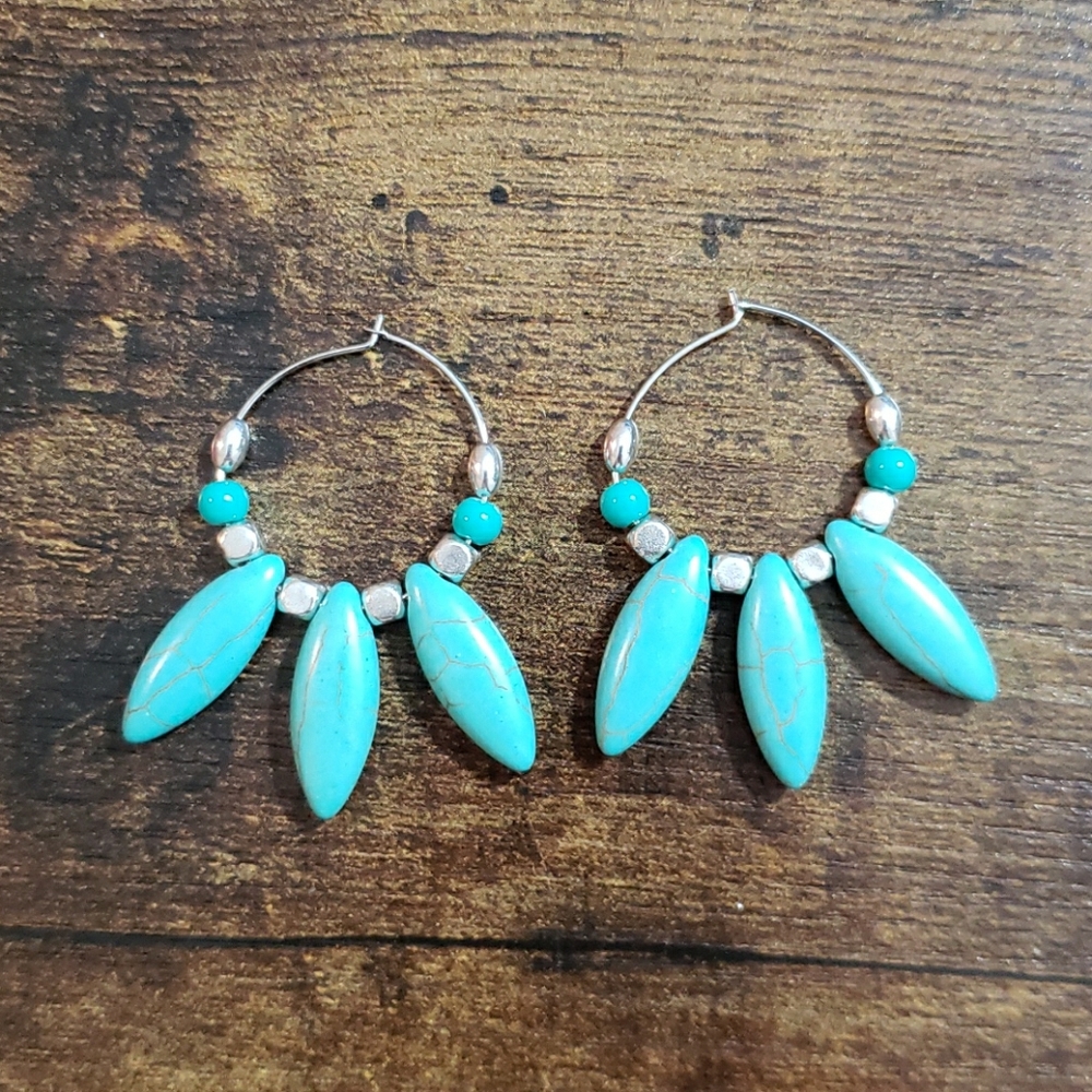 Boho blue turquoise earrings, hoops, dangle hoop